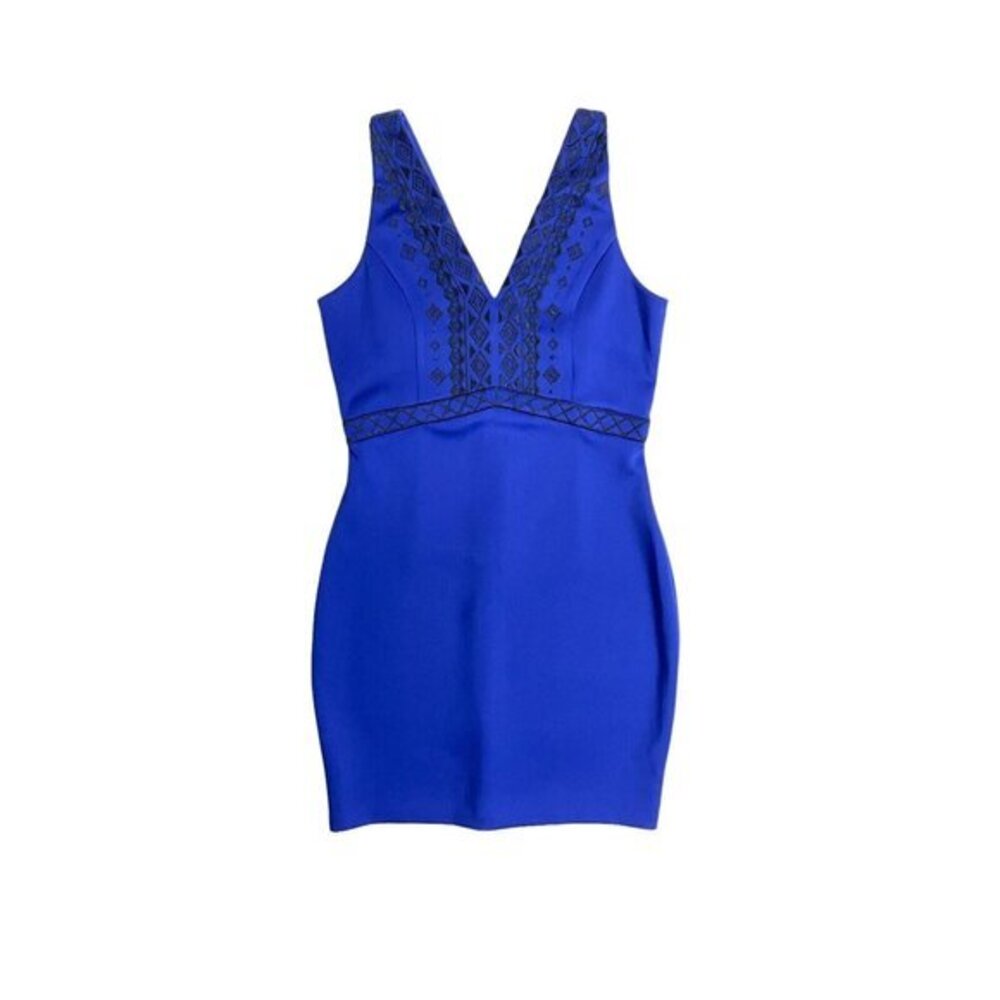Guess Blue Dress Embroidered V Neck Scuba Knit Mini Sheath Dress SZ 12 NWT $108